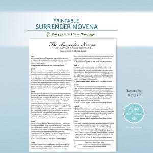 May include: A printable Surrender Novena document featuring the title Let Jesus Take Care of Everything, nine days of prayer text, and a Prayer to the Blessed Virgin Mary. The document is formatted for 8.5 inch by 11 inch letter size paper.