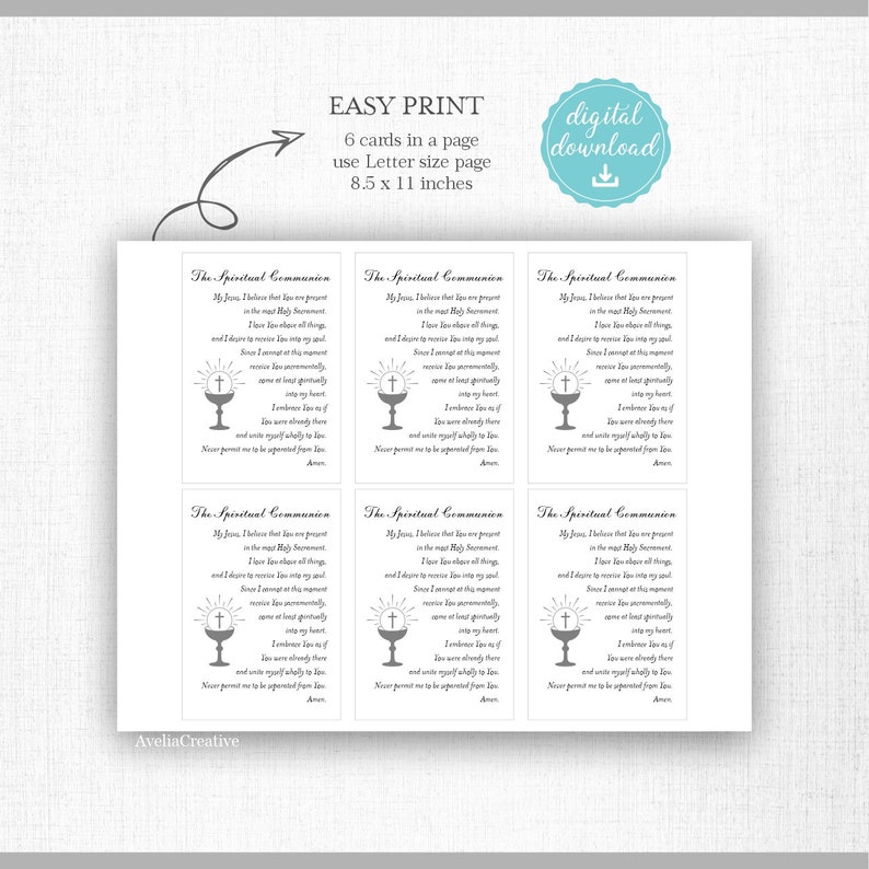 Printable Card the Spiritual Communion Prayer, Instant Download ...