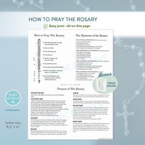 Könnte beinhalten: Ein weißes Anleitungsdokument mit dem Titel How to Pray the Rosary, das ein Diagramm von Rosenkranzperlen, Listen der Geheimnisse und verschiedene Gebete enthält. Die Seite umfasst Texte für das Kreuzzeichen, das Glaubensbekenntnis und Gebete.