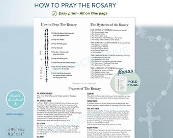 May include: A white instructional document titled How to Pray the Rosary, featuring a diagram of rosary beads, lists of mysteries, and various prayers. The page includes text for the Sign of the Cross, Apostles' Creed, Our Father, and Hail Mary.