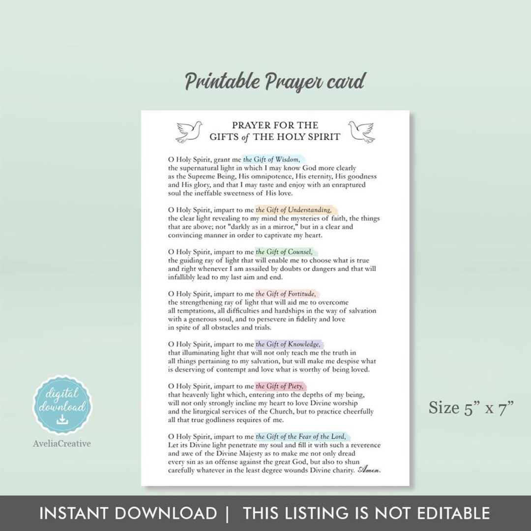 Gifts of the Holy Spirit Printable Prayer Card, Instant Download, 7 ...