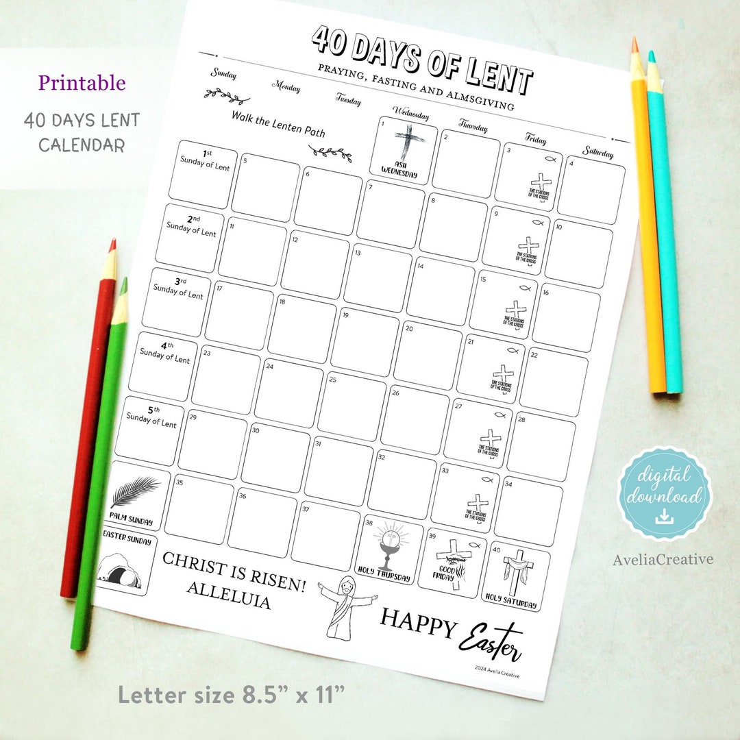 Printable 40 Days Lent Calendar, Instant Download, Kids Lenten Calendar
