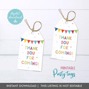 Thank you For Coming printable party tag, Instant Download, Thank you gift tags, Party Favor Tags, Kids Birthday Party loot bag tags