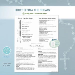 May include: A white instructional print titled How to Pray the Rosary, featuring a diagram of rosary beads, lists of mysteries, and various prayers. The document includes text for the Sign of the Cross, Apostles' Creed, and other prayers in 21.6 cm by 27.9 cm size.
