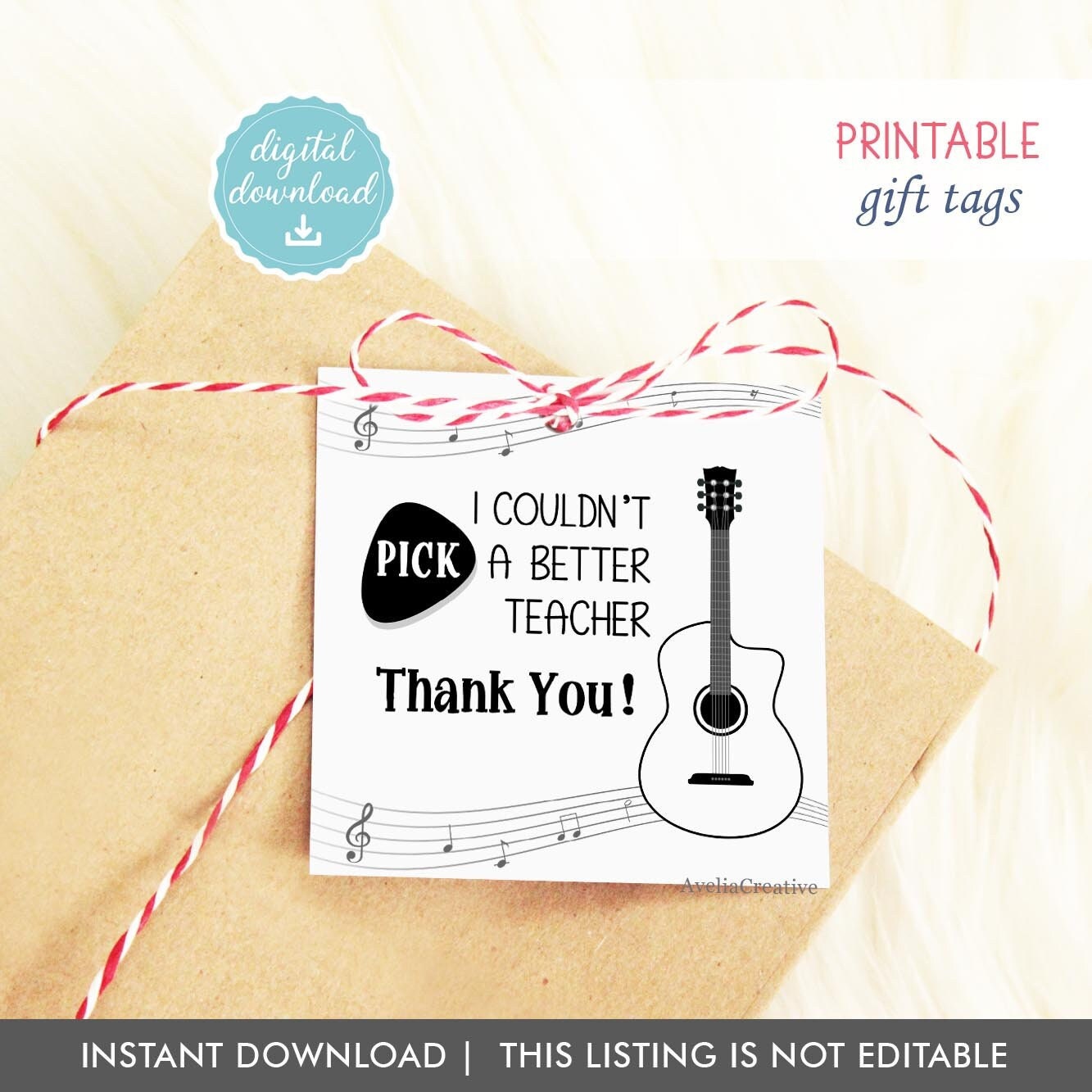 Guitar Teacher Gift Tags, Instant Download, Printable Music Teacher ...