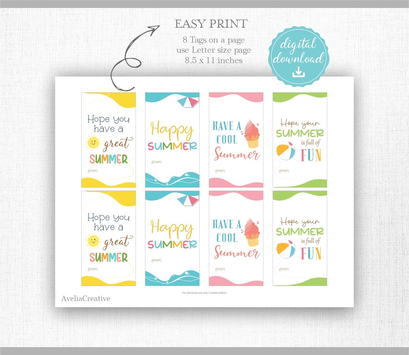 Summer Printable Tags, Instant Download, Summer Party Tag, Classmates ...