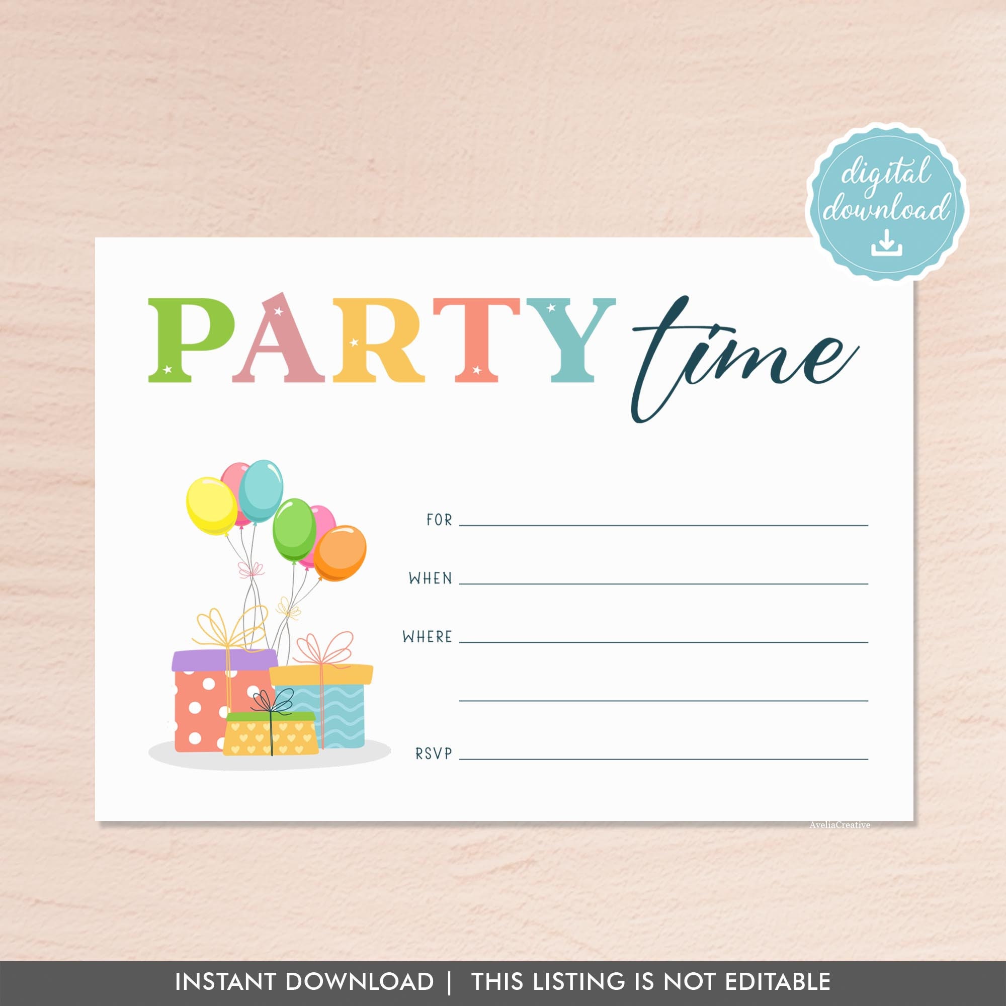 Party Time Invitation, Instant Download, Blank Invitation, Fill-in ...