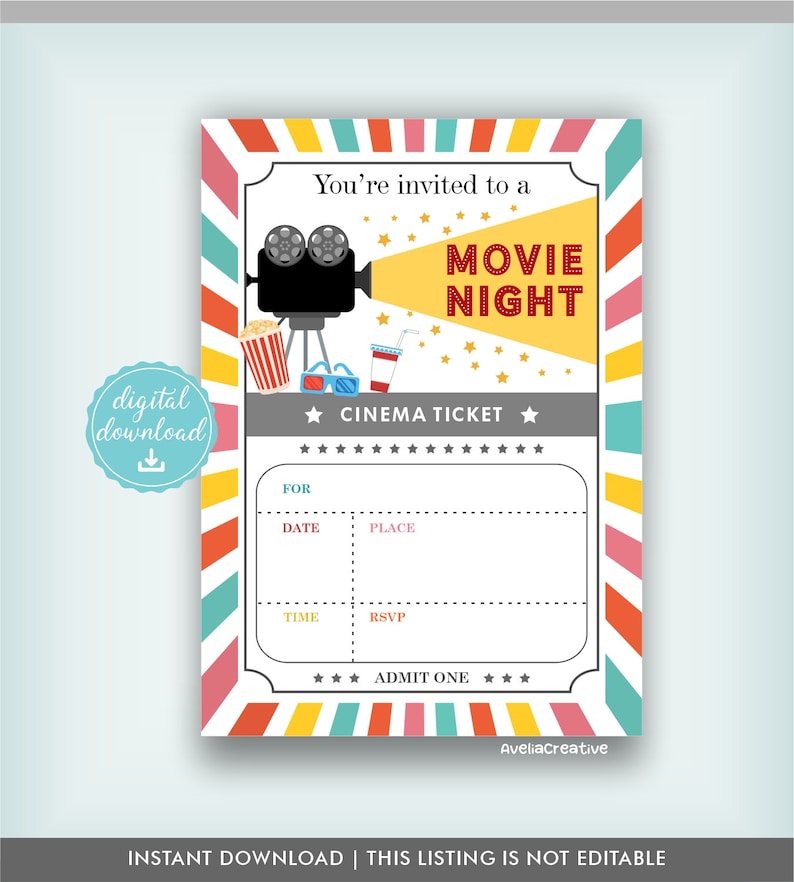Movie Night Invitation, Instant Download, Movie Party Blank Invitation, Fill in Movie Invite ...