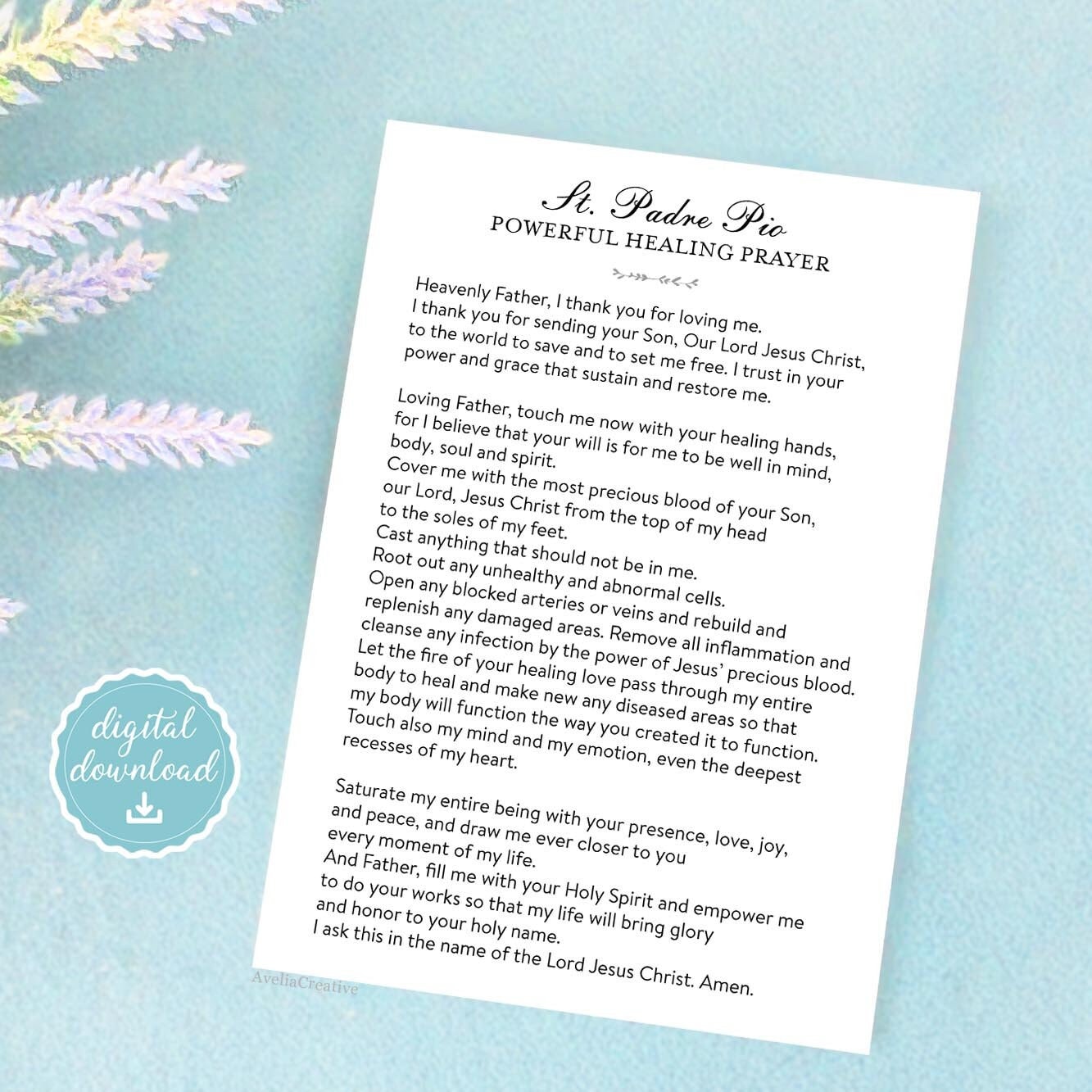 padre pio healing prayer printable card, instant download, the