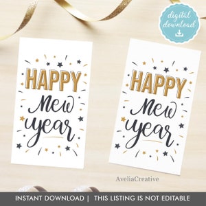Printable New Year gift tags, Instant Download, Happy new year party tags, Celebration new years eve favor tag, black and gold new year tags