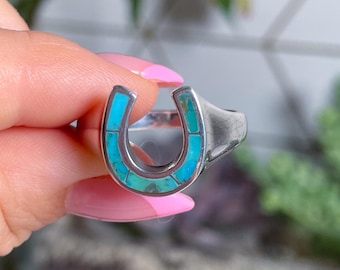 Sterling Silver Horseshoe Ring – Genuine Turquoise – Size 12