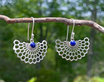 Lapis Lazuli Sterling Silver Dangle Earrings - Honeycomb Flower