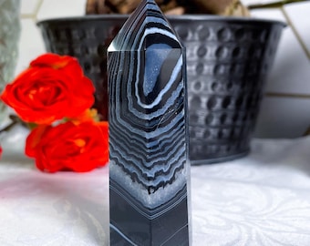 Druzy Black Agate Tower – Carved Crystal Point, You Pick - T35 T36 T37 T38 T39
