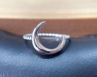 Moon Ring - Crescent Moon Ring - 925 Sterling Silver - Silver Moon Ring - Celestial Jewelry - Rope Ring - Large Crescent Moon -