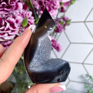 Peut inclure: Géode de cristal d'agate polie, de couleur gris foncé et noir. La géode a un sommet pointu et un intérieur creusé rempli de cristaux gris clair scintillants. Le cristal est tenu devant un fond de fleurs roses.
