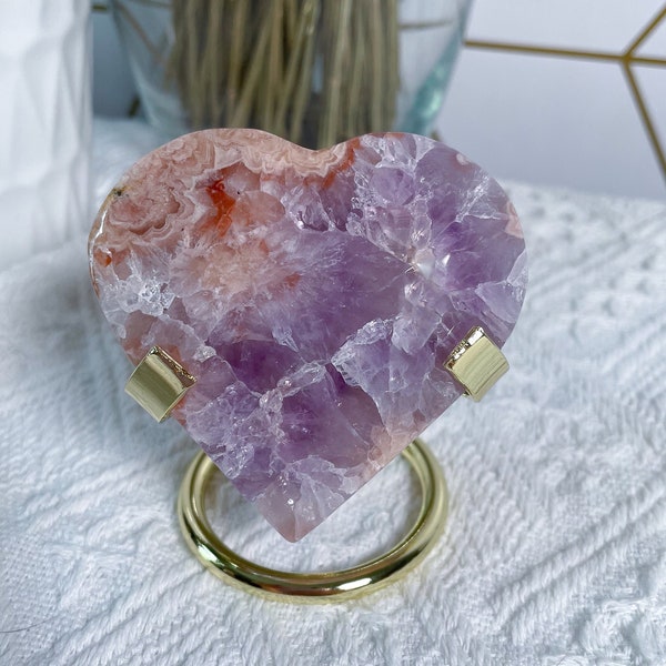 Amethyst Flower Agate Heart - Crystal Hearts on Stands - Druzy Amethyst Hearts - Pink Amethyst Druzy Hearts - Flower Agate Heart -