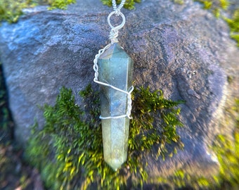 Hexagonal Labradorite Crystal Pendant - Stainless Steel Chain