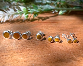 Tiger's Eye Stud Earrings: 4mm-8mm Natural Stone, 925 Sterling Silver, Dainty & Elegant Jewelry
