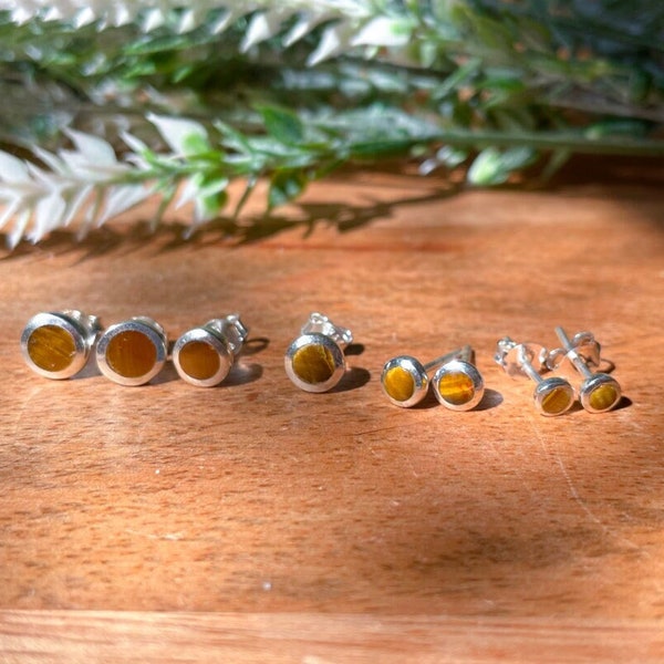 Tigers Eye Earrings - Tigers Eye - Tigers Eye Studs - Four Different Sizes - 4mm Studs - 925 Sterling Silver - Dainty Studs - Tiny Earrings