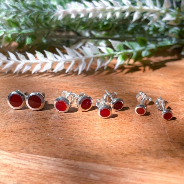 Red Agate Earrings - Red Stud Earrings - Tiny Earrings - 925 Sterling Silver - 4 Different Sizes - Small Stud Earrings - FLOW - CONNECTION