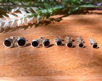 Black Agate Sterling Silver Stud Earrings – Minimalist Crystal Jewelry - 4mm - 7mm
