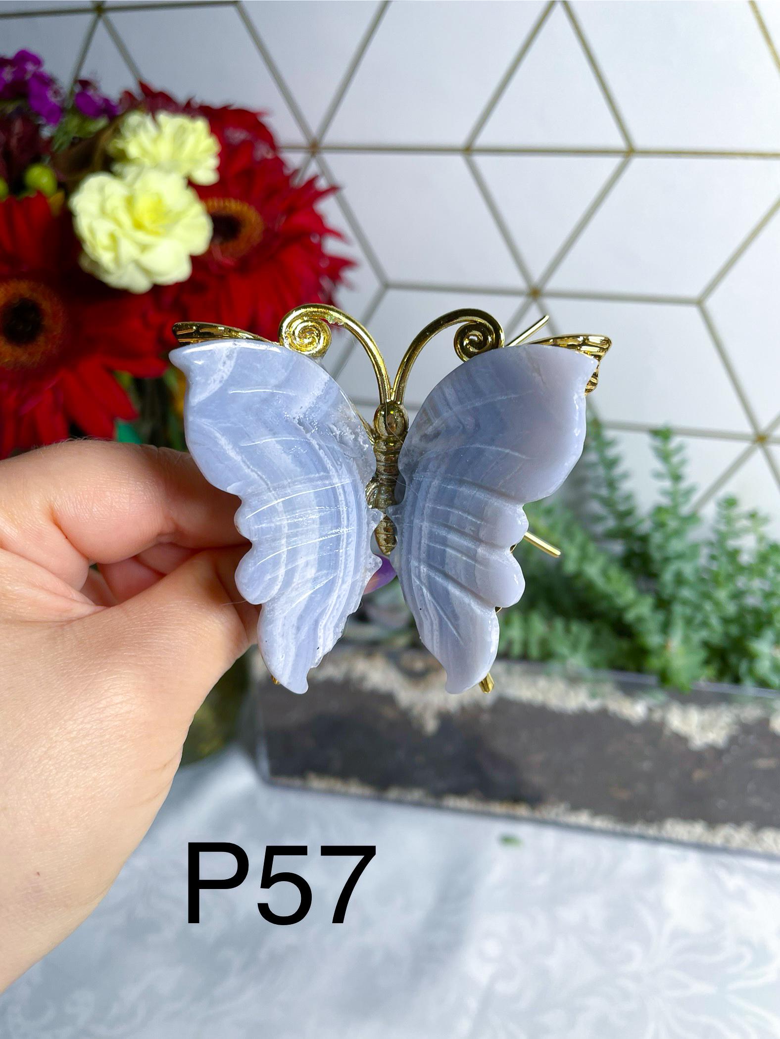 青色アゲートの置物 ブルーレースアゲートの蝶 – 彫刻されたクリスタルの置物 – P54 P55