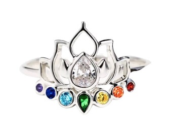 Lotus Ring - 7 Chakra Lotus Ring - 925 Sterling Silver - Cubic Zirconia & Sterling - Lotus Ring - Chakras - Chakra Healing - Healing Jewelry
