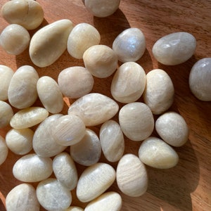 以下が含まれることがあります： 木製の表面に置かれた、白く滑らかで磨かれた石のコレクション。石は微妙な虹色の輝きを放っています。