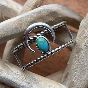 Silver Crescent Moon Ring - Moon Crescent Ring - Crescent Moons Ring - Black Agate or Turquoise - 925 Sterling Silver - Genuine Stone Ring -