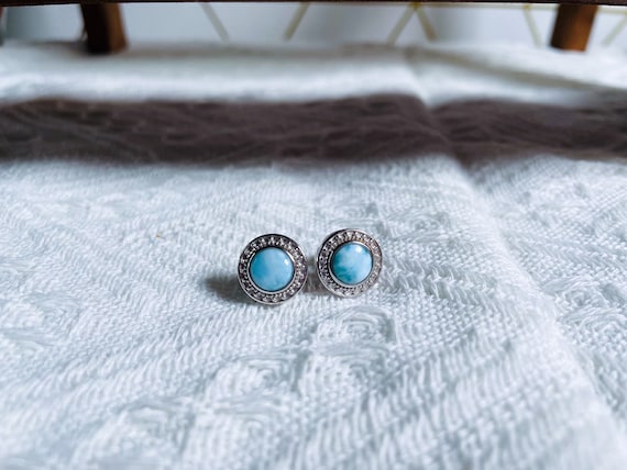 Genuine Larimar Stud Earrings - Sterling Silver -