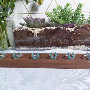 May include: Six silver rings with turquoise horseshoe designs. The rings are arranged in a row on a wooden surface.