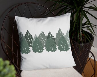 White Evergreen Pine Trees Winter Christmas Throw Pillow 18"x18", White and Green Holiday Farmhouse Pine Tree Square Throw Cushion