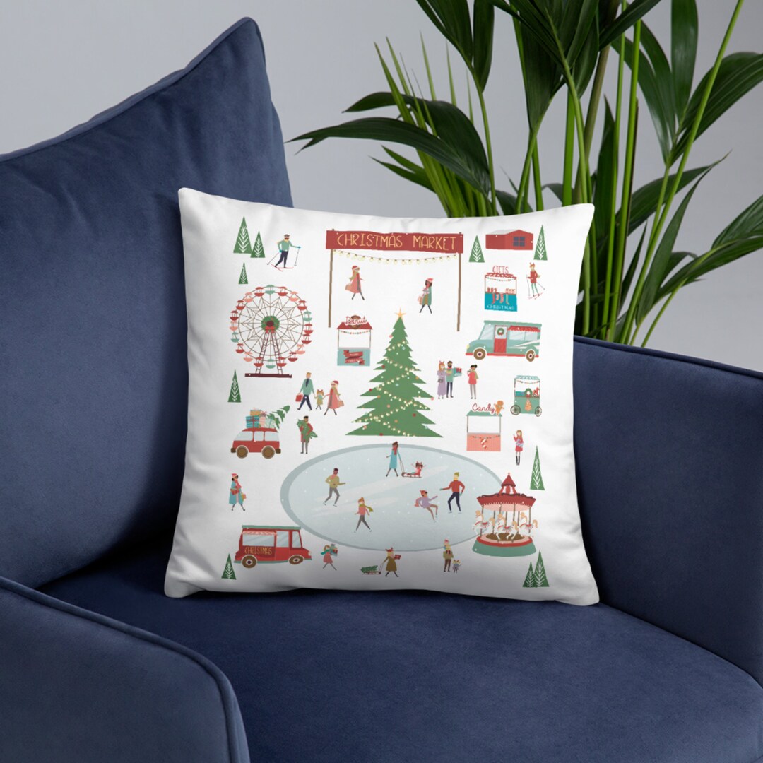 White Christmas Market Village Winter Scene Throw Pillow 18x18, Holiday