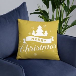 Gold Midcentury Merry Christmas Pillow 18"x18", Christmas Square Throw Pillow, Gold and White Merry Christmas Cushion