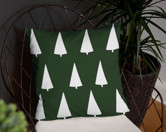 Midcentury Green Christmas Tree Pattern Throw Pillow 18"x18", Holiday Square Green and White Pillow, Modern Christmas Tree Pillow