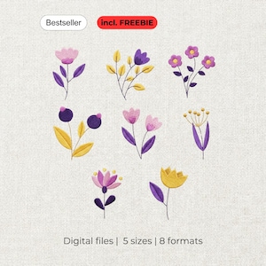 Könnte beinhalten: Eine Sammlung von acht gestickten Blumendesigns mit violetten, rosa und gelben Blütenblättern sowie grünen Stielen. Das Bild enthält den Text Bestseller, incl. FREEBIE, und Digital files | 5 sizes | 8 formats auf einem strukturierten weißen Hintergrund.
