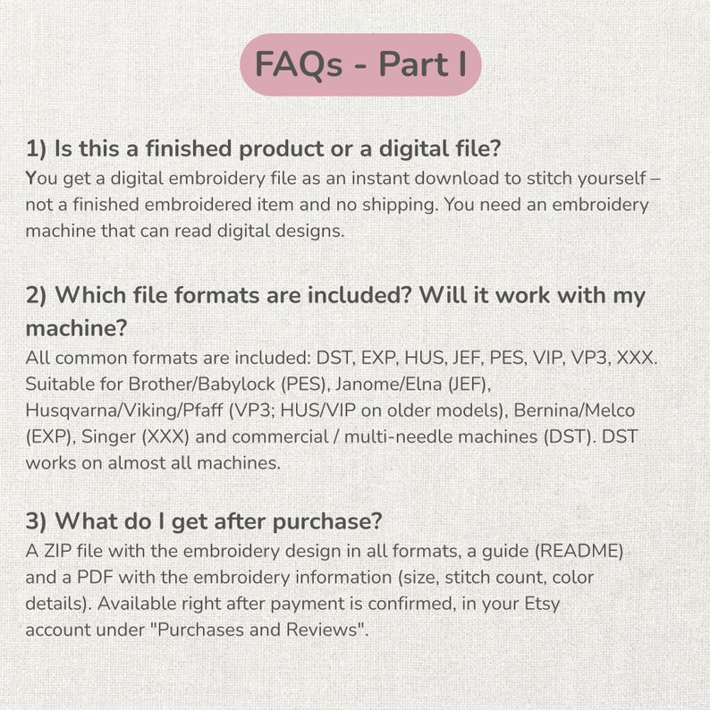 May include: A digital information graphic titled FAQs - Part I, detailing embroidery file specifications. It explains that the product is a digital download for embroidery machines, lists compatible file formats like DST, EXP, and PES, and describes the ZIP file contents.