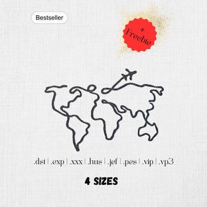 Puede incluir: Un diseño de bordado de arte lineal negro de un mapa mundial con un pequeño avión volando sobre él. La imagen incluye el texto Bestseller, Freebie, 4 SIZES y una lista de formatos de archivo: .dst, .exp, .xxx, .hus, .jef, .pes, .vip y .vp3.