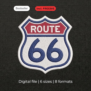 Peut inclure: Un motif de broderie en forme de bouclier Route 66 avec une section supérieure rouge et texte blanc, une section inférieure blanche avec les chiffres 66 en bleu et une bordure bleue. L'image contient les textes Bestseller, incl. FREEBIE et Digital file | 6 sizes | 8 formats.