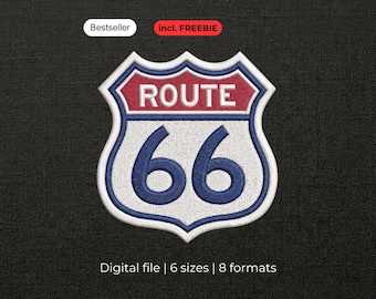 Machine embroidery design ROUTE 66 - USA embroidery design - Digitized sign embroidery - 6 sizes - Embroidery file bestseller - Download