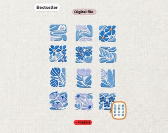 May include: A digital file containing twelve square embroidery patterns featuring various blue and light purple floral designs. The collection includes stylized flowers, leaves, and petals arranged in a grid, with a small preview icon at the bottom.