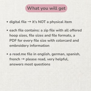 May include: A digital file information graphic with a light background and dark text. The header reads What you will get. Bullet points explain that this is not a physical item, includes a zip file with hoop sizes, formats, and a PDF colorcard.