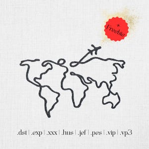 Machine embroidery design worldmap plane - Travel embroidery file - Digitized world embroidery - 4 sizes - Embroidery file bestseller