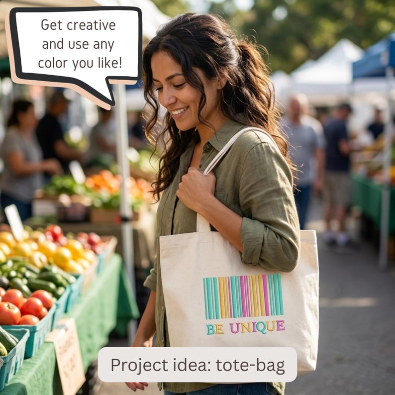 May include: A beige canvas tote bag featuring a graphic of vertical stripes in teal, yellow, and pink, with the text "BE UNIQUE" printed in matching colors below the stripes. A speech bubble above contains the text "Get creative and use any color you like!" and a label below reads "Project idea: tote-bag".
