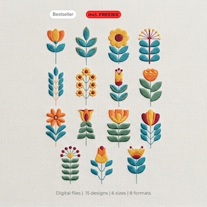 Könnte beinhalten: Eine Sammlung von fünfzehn gestickten Blumendesigns, die in einem Raster auf einem hellen Stoffhintergrund angeordnet sind. Die Blumen zeigen orange, gelbe und blaugrüne Farben mit Stielen und Blättern. Oben steht Bestseller und incl. FREEBIE.