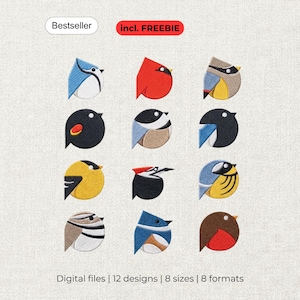 Könnte beinhalten: Eine Sammlung von 12 stilisierten Vogel-Stickmustern, angeordnet in einem Raster. Die Vögel zeigen geometrische Formen in verschiedenen Farben wie Rot, Blau, Gelb, Schwarz, Braun und Weiß. Der Text umfasst Bestseller, incl. FREEBIE und Digital files | 12 designs | 8 sizes | 8 formats.