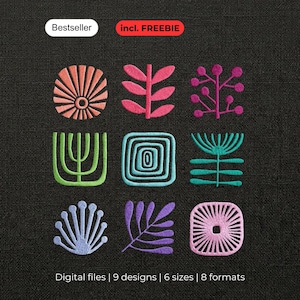 Könnte beinhalten: Eine Sammlung von neun Symbolen im Stickerei-Stil mit verschiedenen botanischen und geometrischen Formen in leuchtenden Farben wie Orange, Pink, Magenta, Grün, Blau, Lila und Hellrosa, mit dem Text Bestseller, incl. FREEBIE, und Digital files | 9 designs | 6 sizes | 8 formats.