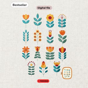 Könnte beinhalten: Eine digitale Datei mit einer Sammlung von sechzehn stilisierten Blumenillustrationen in Orange-, Gelb- und Petroltönen. Jede Blume weist markante geometrische Blütenblätter und Blätter auf. Ein kleiner rechteckiger Rahmen zeigt das gesamte Set.