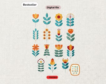 May include: A digital file containing a collection of sixteen stylized floral illustrations in shades of orange, yellow, and teal. Each flower features distinct geometric petals and leaves. A small rectangular frame displays the full set of designs.
