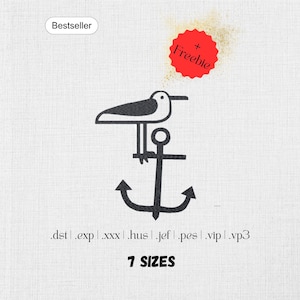 Machine embroidery design seagull on anchor - Maritime embroidery design - Digitized bird embroidery file - 7 sizes - Digital download